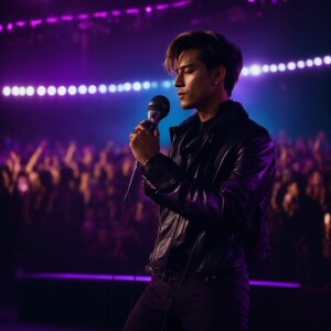 Man dressed in leather pants and black shirt holding a purple mi...