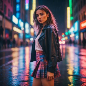 woman with wet hair glowing in city lights, wearing a tartan min...