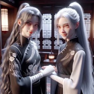 Generate a realistic image (ray tracing) of two silver-haired gi...