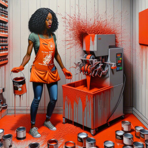 Create an image of a female Home Depot employee who was mixing r...