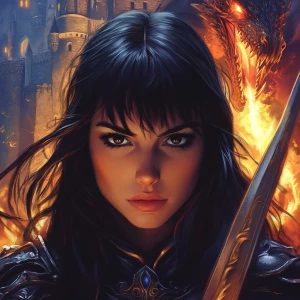 Create an image with a castle and dragon breathing fire in the background. Show a female knight with a sword in a heroic pose. They have long, straight black hair that frames their face, with bangs across the forehead. Their eyes are dark and expressive, accentuated with what appears to be eyeliner and possibly eyeshadow. The eyebrows are well-defined and arched.

The person has a warm, friendly smile that creates slight dimples in their cheeks. Their skin tone appears to be fair to medium. The nose is straight and proportionate to the face, and the lips are full. They are dressed in mid evil armor, and are holding up a shield to protect themselves from the flames the dragon is breathing out. They appear to be fighting the dragon.