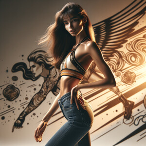 Athletic Thin skinny Attractive, Asian teenage girl, long brown hair and bangs, wearing tight skinny jeans and a halter top paint marks on her clothing, heroic pose Asian graffiti background, backside view