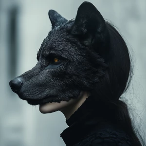 A woman's face transforming into a wolf's snout