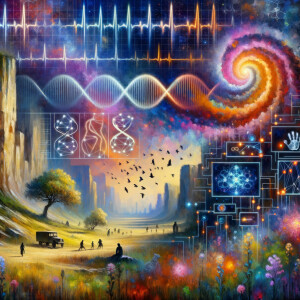 lie detector graphs, cardio, printout , branches infinity sign, cave, Art, handprints, distant birds flying, flowering vines, abstract gestural painting, dna cave drawings galaxies electrical cardiogram