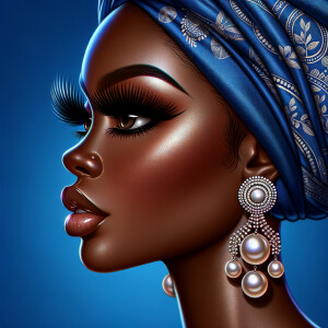 Create an airbrushed digital portrait of an animated
African-American woman in profile against a solid cobalt
blue backdrop. Her radiant skin, strikingly long eyelashes, a
pronounced nose, and voluminous natural glossy lips are
showcased. She wears a headwrap adorned with intricate
diamond patterns. Large, elegant pearl drop earrings
complete her appearance, showcasing the entire headshot
details with a focus on sophistication and grace. The digital
art should highlight her striking features against the vibrant
background, creating a visually stunning piece.