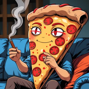 Anthro pizza slice, holding a lit cigar,  red lines in eyes, eye...