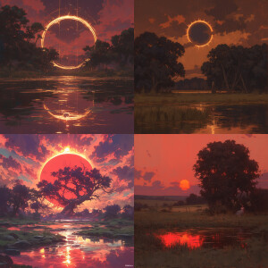 The image depicts a stunning landscape: a tranquil river flows b...