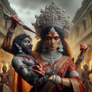 portrait of angry looking, gorgeous goddess durga cosplayer carrying a weak mahishasur in her two arms and stabbing him with her amazingly designed trident. She is wearing a huge silver crown, red saree, abundant silver jewelry, covered in blood. The scene is set in ancient India. The image is 8K resolution, cinematic, ultra detailed face and epic.