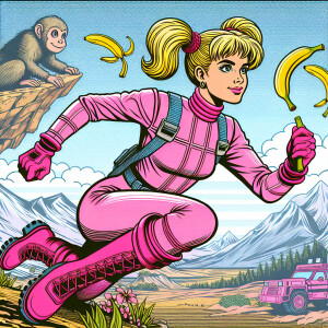 Comic book style blonde in pink unitard, pig tails.bananas as we...