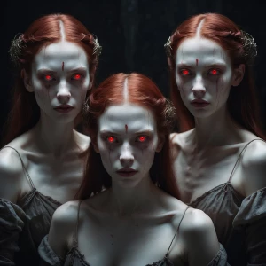 Three ghostly women, red eyes, red tears, pale skin, dark backgr...