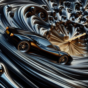 A surrealistic conceptual artisitic image: a shiny black  sports...