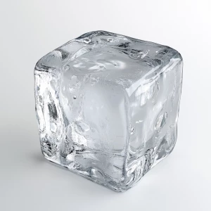 A realistic image of a single, translucent ice cube with visible...