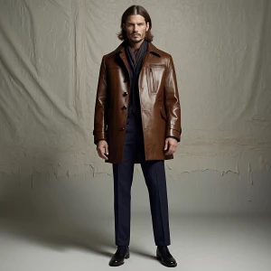 A stylish mid-30s man with tousled brown hair, dressed in the la...