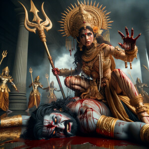 portrait of angry looking, indian goddess cosplayer straddling a defeated mahishasur, while he is lying on the ground and she stabs him with her trident. She is wearing gold armor, a huge gold crown, gold saree, abundant  gold jewelry, covered in blood. The scene is set in ancient India. The image is 8K resolution, cinematic, photography, ultra detailed face and epic.