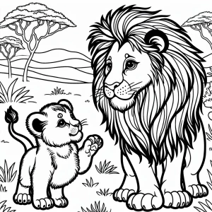 Create a coloring page design with thick lines, featuring a lion...