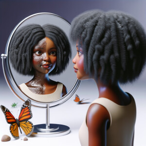 Create a 3-D realistic beautiful African-American  women with thick curly black hair
Looking at herself in the mirror, but the reflection she sees is a child, and she is no longer beautiful. She is ugly with scars. There is a fallen butterfly.