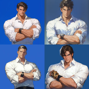 a man in a white shirt with his arms crossed, a character portra...