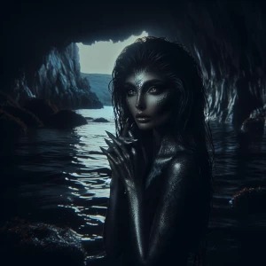 In the shadowy depths of a murky seaside cave, a sultry bewitchi...
