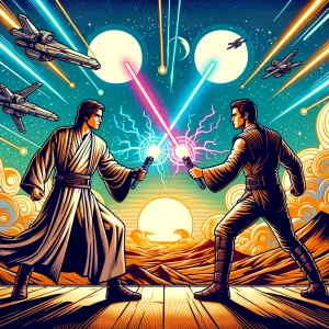 Create an image in a comic book style depicting a Star Wars-insp...