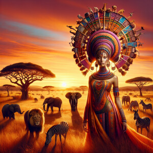 Envision a magnificent African savannah at the golden hour of su...