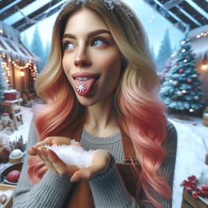 "Create a wide-angle image of a woman with long pink hair standi...