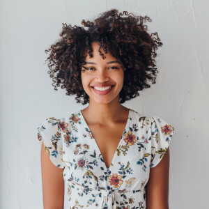 A cute woman

Smiling 

Clothes: White Floral Dress

Looks Clean...