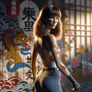 Athletic Thin skinny Attractive, Asian teenage girl, long brown hair and bangs, wearing tight skinny jeans and a halter top paint marks on her clothing, heroic pose Asian graffiti background, backside view