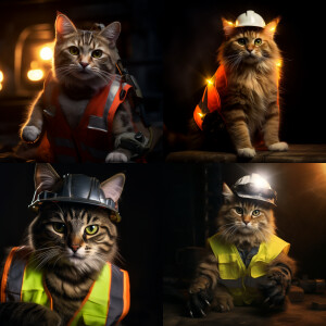 A cat wearing a safety vest, wearing a hard hat, safety glasses,...
