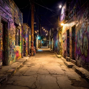 A graffiti-covered alley in Los Angeles, California, illuminated...
