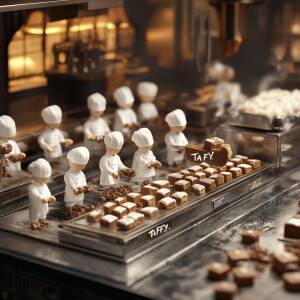 Design an image showcasing a team of miniature chefs in spotless...