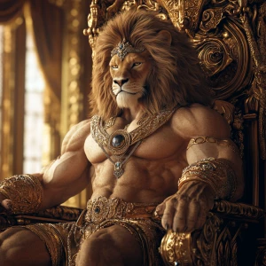 Create a photorealistic 3D image of a majestic man-lion hybrid, featuring an expansive mane and exceptionally well-defined, oversized muscles. Adorn this regal creature with intricate jewelry and gold embellishments, and depict it seated on a throne. Aim for 8K UHD resolution, extreme professional detail, and a composition that is both visually stunning and captivating.