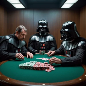 Darth Vader engaged in a game of poker with a group of dogs, eac...