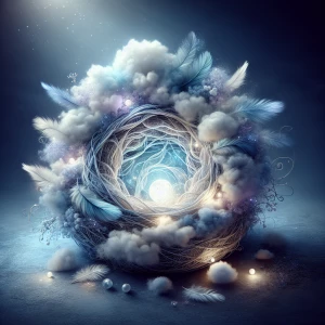 A close-up, dreamy, and peaceful image of a magical nest, emphas...