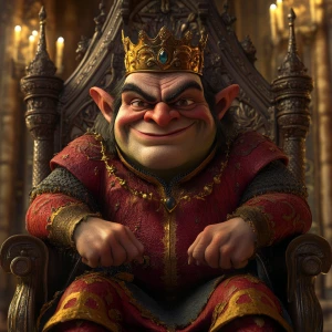 Create a digital portrait of Lord Farquaad, the antagonist from the Shrek film series, capturing his distinctive medieval attire, pompous expression, and short stature while sitting on his extravagant throne in Duloc Castle.