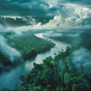 Jungle with river and clouds