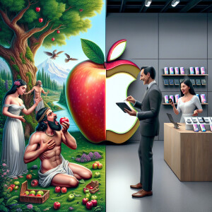 split screen. left the garden of Eden where Adam takes a bite ou...