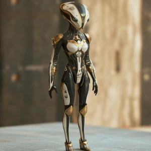 Create an image of a female alien action figure with a sleek des...