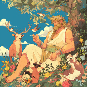 Design an image of Zeus reimagined in a cottagecore aesthetic, w...