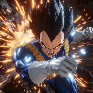 Vegeta showcasing his  signature moves in a dynamic battle scene...