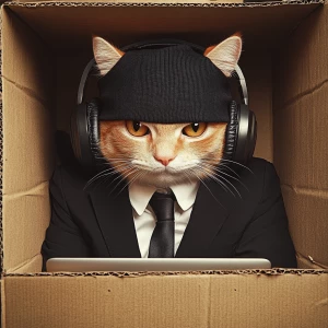 Generate an image of an orange and white cat wearing a black bal...