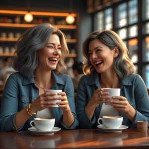 2 women in a cafe having coffee and laughing