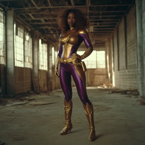 Capture a wide camera angle of a superheroine standing in an emp...