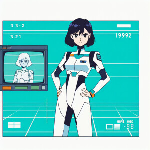 1990s anime screencap, girl a plugsuit, standing with hands on h...