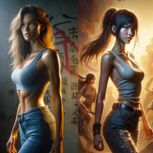 Athletic Thin skinny Attractive, Asian teenage girl, long brown hair and bangs, wearing tight skinny jeans and a halter top paint marks on her clothing, heroic pose Asian graffiti background, side view