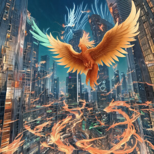 Phoenix being born out of a cityscape showing health and wellnes...