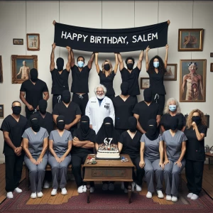 Create an image of a group of around 12 people wearing black scr...