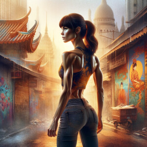 Athletic Thin skinny Attractive, Asian teenage girl, long brown hair and bangs, wearing tight skinny jeans and a halter top paint marks on her clothing, heroic pose Asian graffiti background, backside view