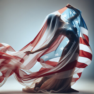 a woman dancing covered head to toe by a translucent flowing Ame...
