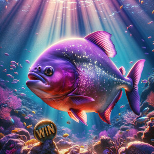 Purple piranha with a “win” sign in the ocean