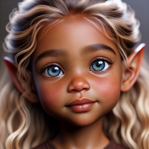 A realistic little baby elf girl with dark brown skin, blue eyes...